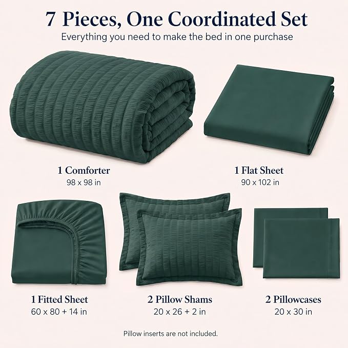Oversized Queen Seersucker Comforter Set, Forest Green, 98 x 98 in | OEKO-TEX Certified, 7 Pieces Bed in a Bag with 240 GSM Down Alternative Comforter, Flat & Fitted Sheets, Pillowcases & Shams