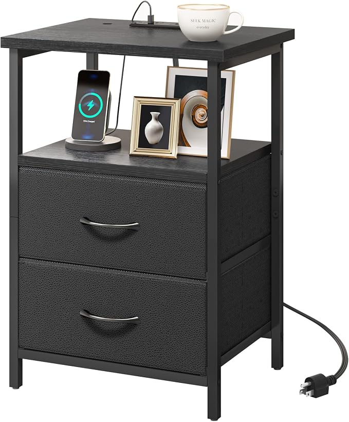 Fixwal Night Stand with Charging Station, 2 Fabric Drawers, Black | built-in bedside charger, 2 AC outlets & 2 usb ports, 2 wooden shelves, end table with storage, bedroom, living room