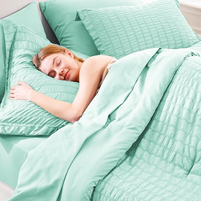 Full Size Comforter Set 7 Pieces Mint Green Seersucker Bed in a Bag | OEKO-TEX Certified, All Season Bedding Set with 240 GSM Down Alternative Comforter, Flat & Fitted Sheets, Pillowcases & Shams