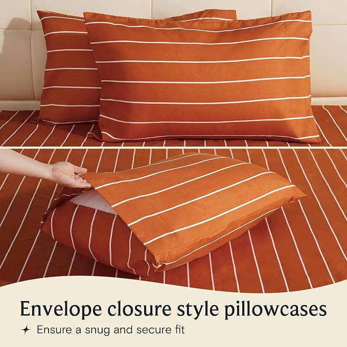 Queen Size Striped Sheets, Deep Pocket Soft & Cooling Bed Sheet Set, 4PC | LuxClub Silky Fitted Sheet & Pillowcase Sets, Breathable Hotel Luxury Bedding for Mattress Wrinkle Free, Autumn Orange