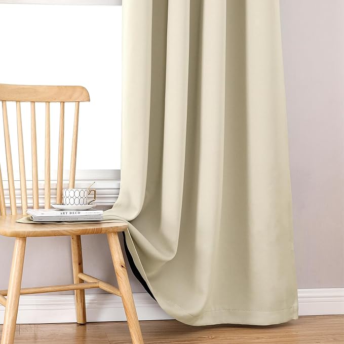 ChrisDowa 100% Blackout Curtains for Bedroom 90 Inches Long 2 Panels Set | 2 Thick Layers, Thermal Insulated, Light Blocking, Grommet, Window Treatment, Living Room Drapes, Light Beige, 52 x 90 Inch