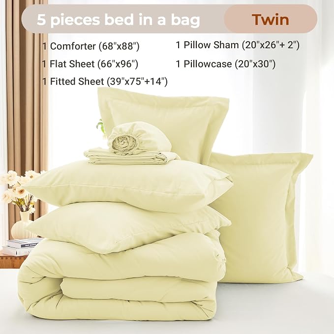 5 Pieces Twin Comforter Set, Soft Bed in a Bag Twin Size, All Season Bedding Set with Comforter, Flat Sheet, Fitted Sheet, Pillowcases & Shams, Cream Yellow