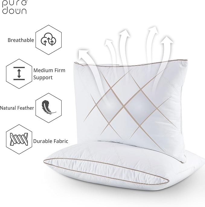 puredown® Natural Goose Down Feather Pillows for Sleeping Oval Gusseted Feather Down Pillow 100% Cotton Pillow Cover with Leaf Quilting Standard Set of 2
