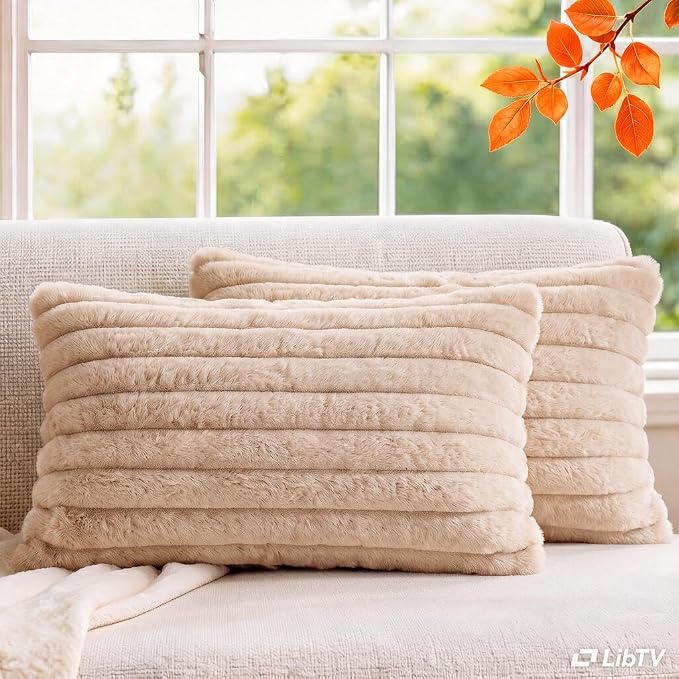 Pack of 2 Throw Pillow Covers 20x12 Decorative Solid Plush Faux Fur with Soft Velvet Back, Square Striped Cushion Cases Modern Farmhouse Home Decor for Living Room Couch Sofa Bed Apricot