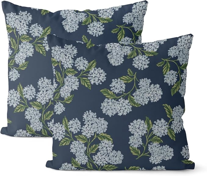 Navy Blue Spring Pillow Covers 24x24 Inch 2 Pcs Blue Green Hydrangea Flower Decor Throw Pillows Vintage Floral Seasonal Summer Outdoor Decoration Pillowcase Linen Cushion Cover for Couch Sofa
