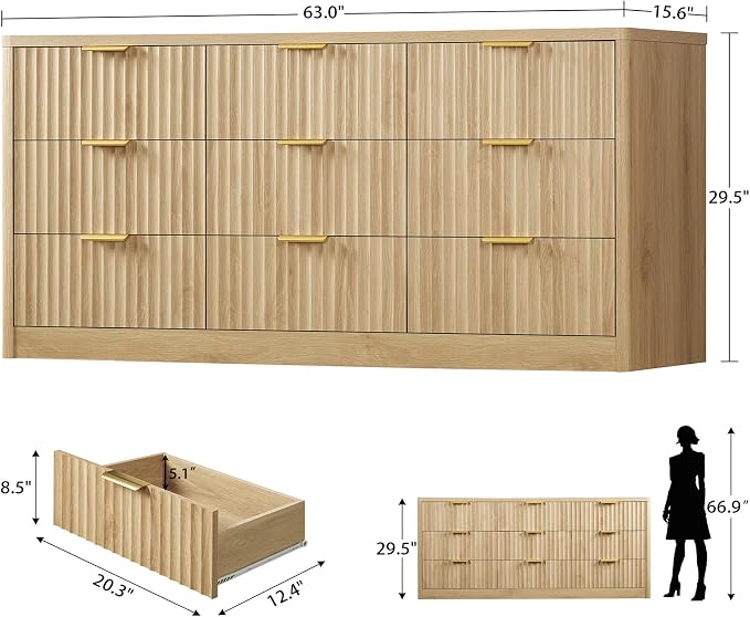 63" Dresser for Bedroom with 9 Drawers, Modern Dressers & Chest of Drawers with Metal Handles, Fluted Dresser, Wood Closet Clothes Storage Organizer for Living Room, Hallway, Natural