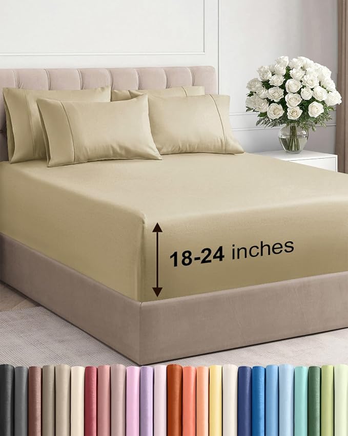 Extra Deep King Sheet Set - 6 Piece Breathable and Cooling Sheets - Beige | Hotel Luxury Bed Sheets Set, Easy & Secure Fit, Ultra-Soft, Wrinkle & Fade Free, Comfy Sheets Set with Extra Deep Pockets