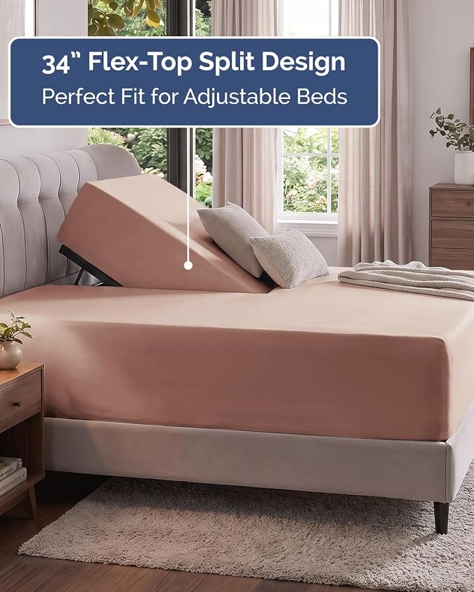 Extra Deep Flex Top Split Head King Fitted Sheet Only - Mauve | Easily Fits 18 inch to 24 inch Mattress, Soft, Wrinkle Free, Breathable & Comfy, Extra Deep Pockets Hotel Luxury Fitted Sheet