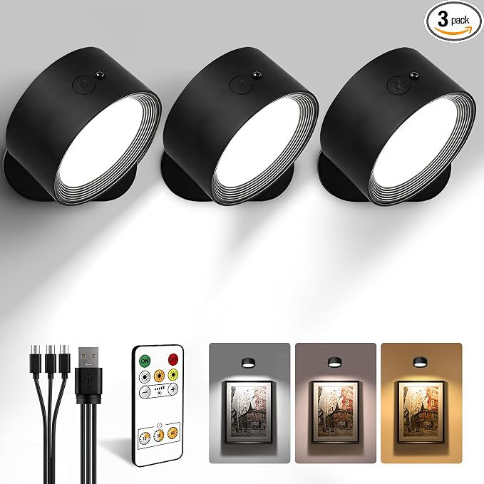 LED Wall Mounted Lights, Rechargeable Wall Sconces, 3 Color Temps, Remote & Touch, 360° Rotating and Dimmable for Bedroom, Bedside & Reading (Black, 3 Pack)