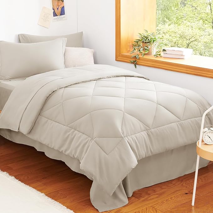 Twin XL Comforter Set with Sheets Beige - 5 Pieces Bed in a Bag | College Dorm Essentials, OEKO-TEX Certified, All Season, 240GSM Down-Alternative Comforter, Sheets, Pillowcase & Sham