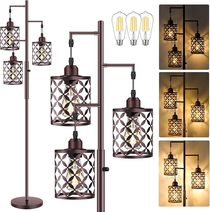 72" Industrial Tree Floor Lamp, Dimmable Farmhouse Tall Stand Light with Metal Cages & Rotary Dimmer Knob, Corner Decor Lighting for Living Room Bedroom Cafe, 3 x 800LM Bulbs Included-Brown