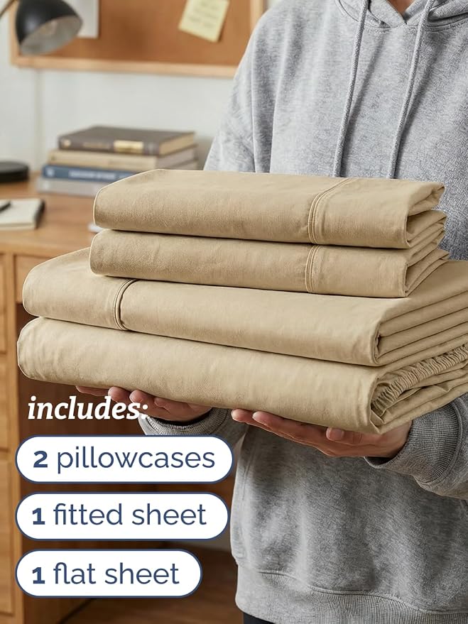 Twin XL 4 Piece Sheet Set - College Dorm Room Essentials - Heathered Tan | Ultra Soft Dorm Bedding Set, 8" to 16" Inch Deep Pockets, 1 Flat & 1 Fitted Sheet & 2 Pillowcases, Wrinkle & Fade Free