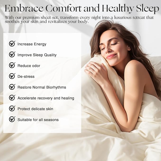 Silver Infused Bed Sheets Set, Temperature-Regulating Fabric with Self-Cleaning Technology for 3X Freshness Sleep, Genuine Organic Viscose Derived from Bamboo (Offwhite, Caking)