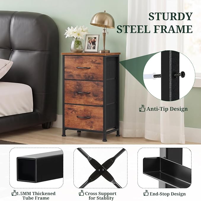 3 Drawers Dresser for Bedroom Fabric Storage Tower with Wooden Top | Steel Frame Chest of Drawers for Closet Entryway Dorm and Small Spaces, Brown