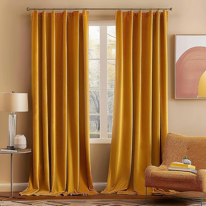 MIULEE Velvet Blackout Curtains 52x90 inches 2 Panels Mustard Yellow | Luxury, Bedroom Living Room, Thermal Insulated, Fall Decor, Super Soft Window Drapes Rod Pocket & Back Tab