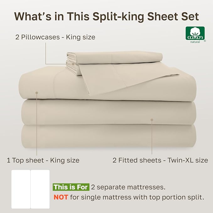 California Design Den 100% Cotton Sateen Split King Sheet Set, 5 Pcs, Beige | 500 Thread Count with Good Housekeeping Seal, Split King Sheets Sets for Adjustable Bed with 2 Separate Twin-XL Mattresses