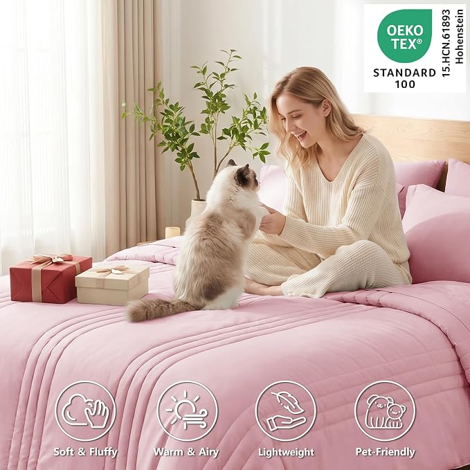 Full Size Comforter Sets Pink- 7 Pieces Bed in a Bag | OEKO-TEX Certified, 240GSM Down-Alternative Comforter, 14" Deep-Pocket Sheets, Shams & Pillowcases, Lightweight