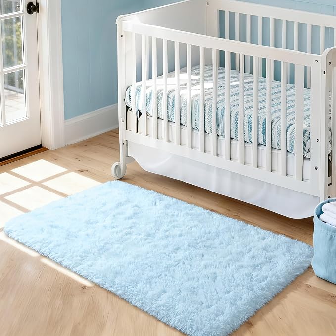 Fluffy Rug Shaggy Area Rug, Baby Blue 2x4 Area Rugs for Bedroom, Small Kids Bedside Rug, Soft Shaggy Entryway Throw Rugs for Living Room Bedroom Nursery Room Home Decor Aesthetic