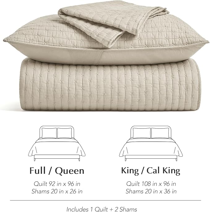 Cross Stitch Pre-Washed Cotton Quilt Bedding Set Queen Size, Oversized 3 Pieces Lightweight Bedspread Coverlet for All Season, with 2 Matching Shams, Birch, 92"x96"