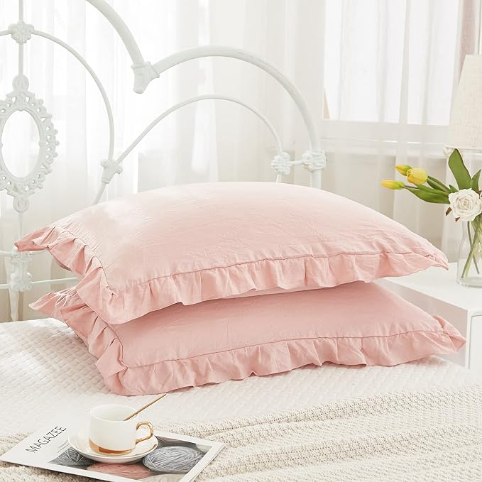 Pink Pillow Shams Baby Pink Ruffle Standard Pillowcases Cute Pillow Cover Set of 2 Shabby Chic Soft Microfiber Pillowcases 2 Pack (Queen (20''x30''), Pink)