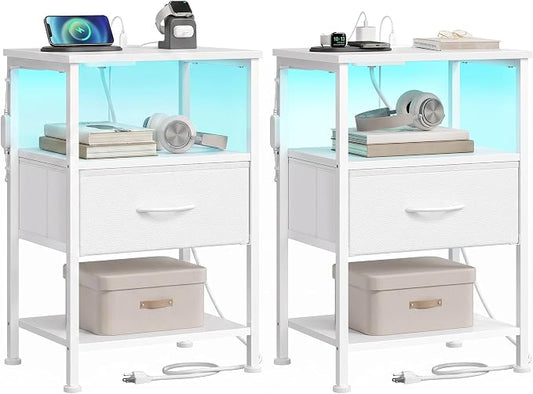 SONGMICS BELLAH Collection - Set of 2 Nightstands with Charging Station and App-Controlled Adjustable LED Lights, Bed Side Tables,1 Drawers, Cloud White and Snow White ULGS201W101S