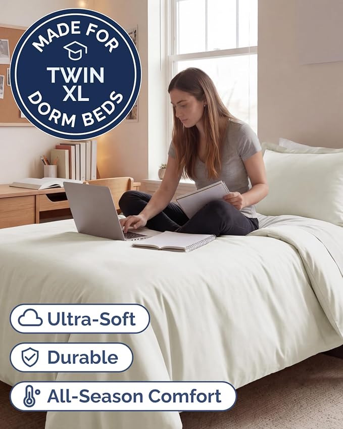 Duvet Cover Twin/Twin XL Size - 2 Piece with Zipper Closure - Ivory | Extra Soft, Breathable, Twin/Twin XL Duvet Cover 68" x 90" w/ 1 Pillow Sham, Zipper Closures & Ties, Women, Men, Kids & Teens