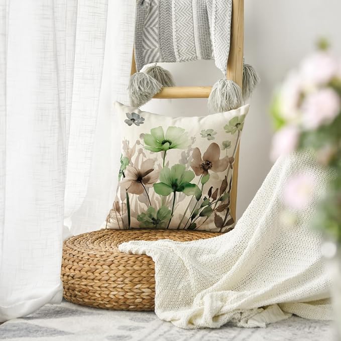 AVOIN colorlife Poppy Flowers Fall Spring Throw Pillow Cover 18x18 Inch | Chinoiserie Sage Green Brown Seasonal Leaves Cushion Case Decoration for Sofa Couch Farmhouse