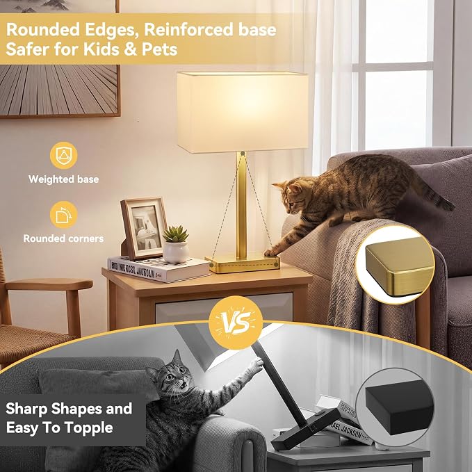 Hong-in Touch Lamps for Bedroom, Bedside Table Lamps Set 2, D. White&Gold | Modern Table Lamp for Nightstands, Desk Lamp for Bedroom, with USB C+A, End Tables Bed Side, Bulb Included, 3 Way Dimmable