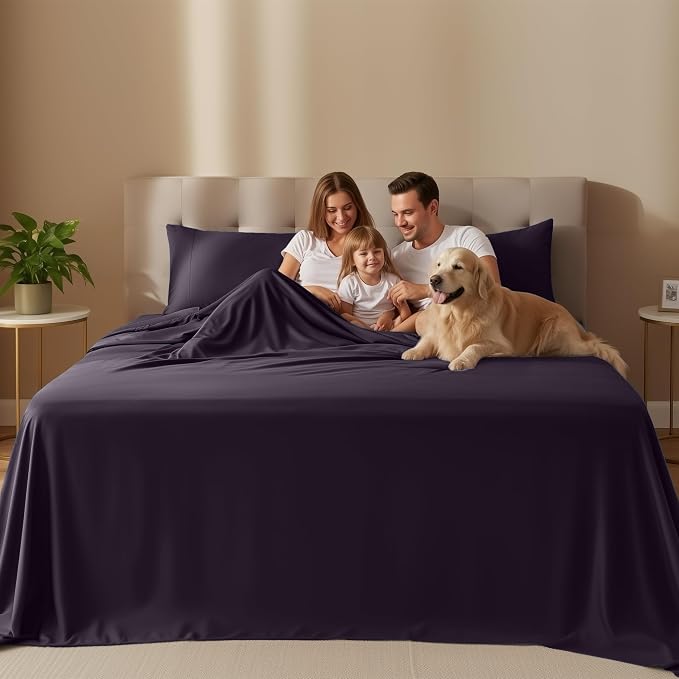 King Sheets Set, 4 Pieces 16" Deep Pocket Hotel Luxury Sheets, Dark Purple | Extra Soft Bedsheet Set, Comfy & Breathable Cooling Sheets, Wrinkle & Fade Resistant, Fitted Sheet, Flat Sheet, 2 Pillowcases