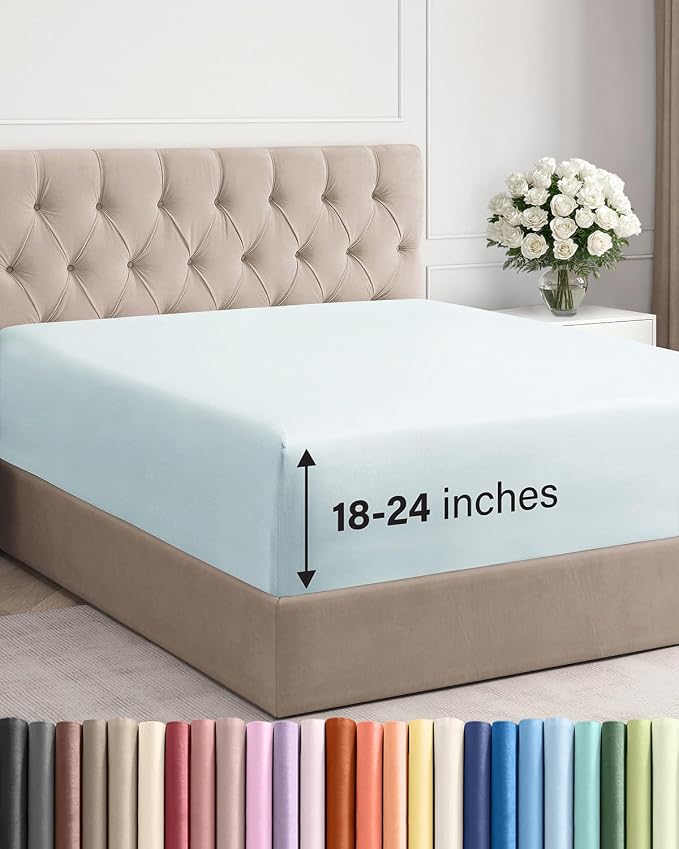 Extra Deep Queen Fitted Sheet - Single Fitted Sheet Only - Ice Blue | Easily Fits 18 inch to 24 inch Mattress, Soft, Wrinkle Free, Breathable & Comfy, Extra Deep Pockets Hotel Luxury Fitted Sheet