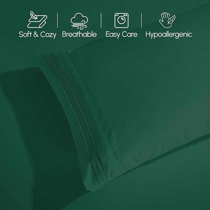Elegant Comfort Luxurious 1500 Premium Hotel Quality Microfiber Three Line Embroidered Softest 4-Piece Bed Sheet Set, Wrinkle and Fade Resistant, Queen, Hunter Green