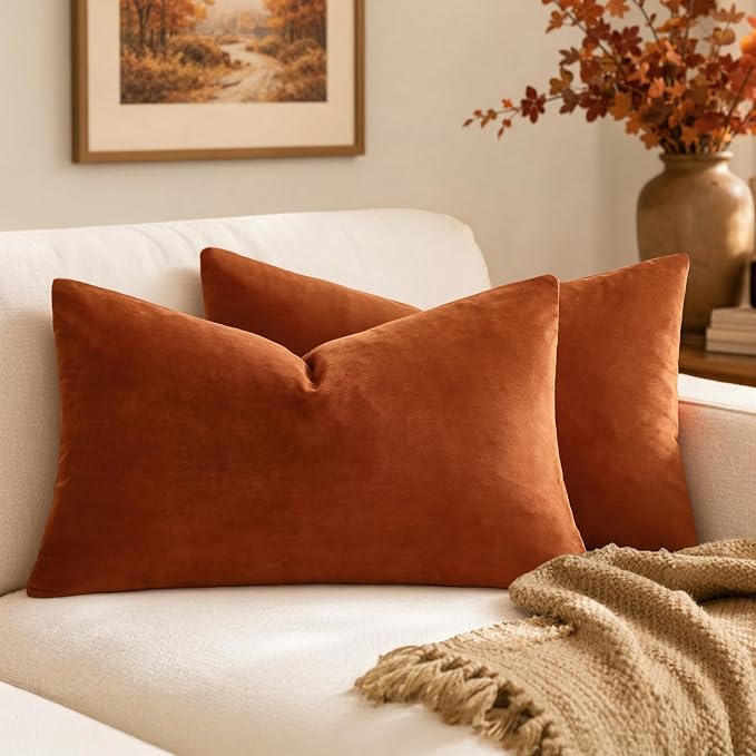 MIULEE 12x20 Inch Lumbar Velvet Fall Throw Pillow Covers Rust | Pack of 2 Soft Solid Decorative Pillow Covers, Modern Luxury Home Decor, for Chair Couch Sofa Bedroom Livingroom