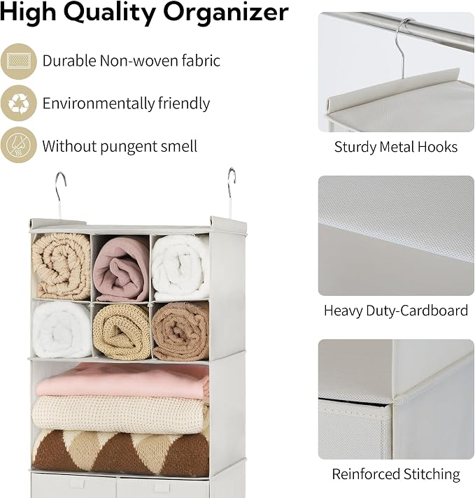 GRANNY SAYS 4-Shelf Hanging Closet Organizer with Drawer, Foldable Storage | Dividers Closet Hanging Organizer, No-Sag Support, Keeps Clothes Neat, Folds Flat, Fits RV, Dorm & Small Closets, Beige