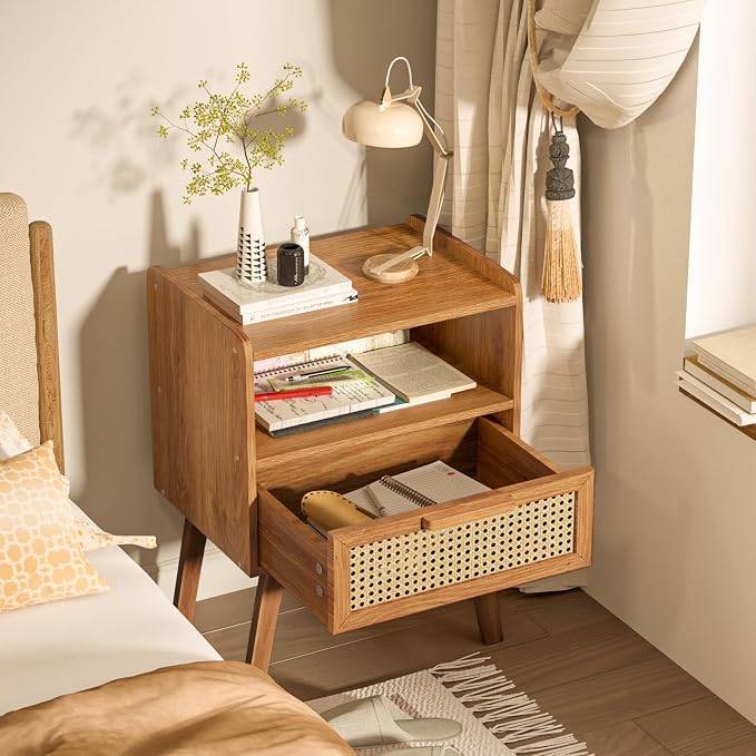 Lerliuo Rattan Nightstands Set of 2, Side Table with Drawer | Bedside End Table with Solid Wood Legs, Mid Century Modern Night Stand for Bedroom, Dorm and Small Spaces (Tea Brown)