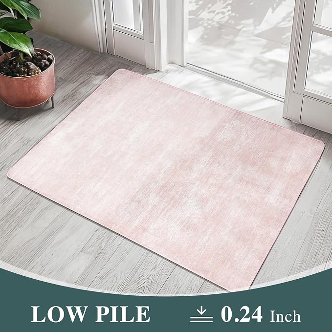 8x10 Washable Area Rug, Pink Solid Area Rugs for Living Room & Bedroom | Stain-resistant & Non-slip backing,Low Pile Washable Large Carpet, Solid Vintage Style For High Traffic Areas(8x10,Pink)