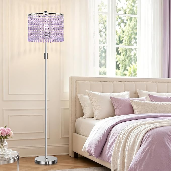 【Upgraded】 Dimmable Crystal Floor Lamps for Living Room with Chandelier Lampshade, Standing Lamp with Knob Switch, Tall Purple Floor Lamp for Bedroom, Dresser, Office