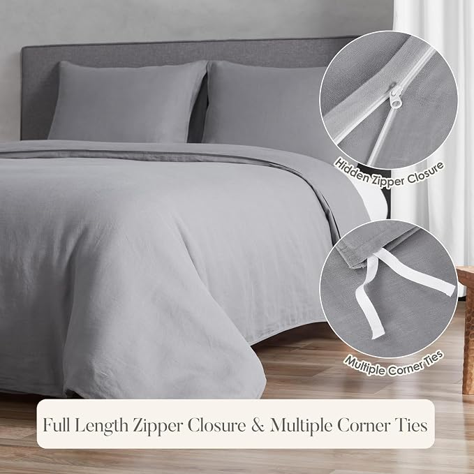 DAPU 100% French Linen Duvet Cover 3Pcs Set, 170GSM Linen Bedding, King | Soft Breathable All-Season for Hot sleepers, Corner Ties & Zipper Closure, French Linen Flax from Normandy, Earl Gray