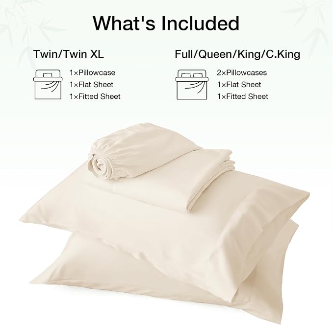 Love's cabin 4 Piece Queen Sheet Set, 100% Rayon Derived from Bamboo, Cooling & Breathable, Soft Silky Deep Pocket up to 16", Hotel Luxury Bedding for Hot Sleepers, Beige