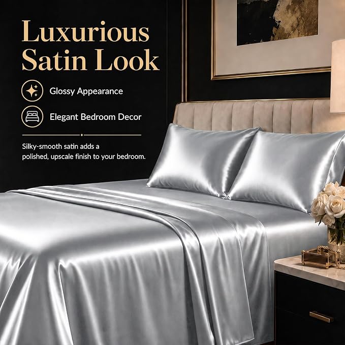 CozyLux Satin Sheets Queen, 6-Piece 14-Inch Deep Pocket Sheet Set | OEKO-TEX Certified Silky Soft Sheet Set for Hair & Skin, Luxurious Silky-Smooth Satin for Elegant Bedroom Decor, Light Grey