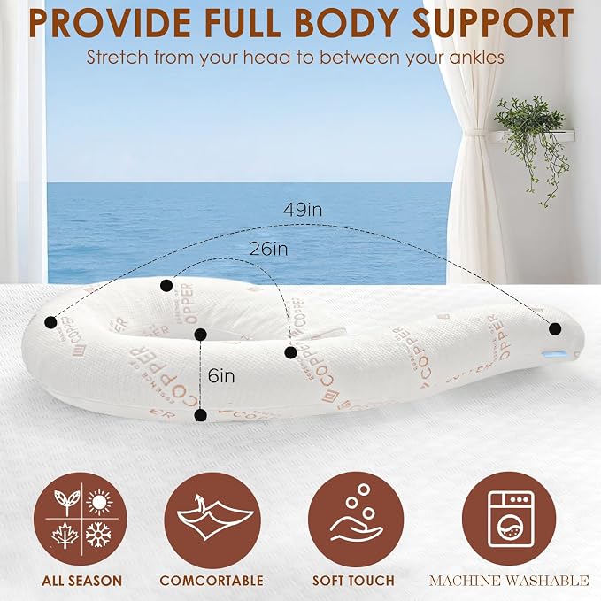 Body Pillow for Adults, Swan Bed Pillow Insert for Sleeping, Copper, 49 In | Side Sleeper Pregnancy Bed Pillow, Soft Fabric, Shredded Memory Foam and Removable Washable Cover