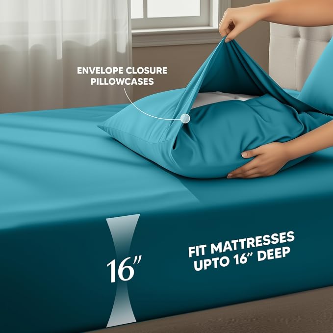 Full Sheets Set, 4 Pieces 16" Deep Pocket Hotel Luxury Sheets, Denim Blue | Extra Soft Bedsheet Set, Comfy & Breathable Cooling Sheets, Wrinkle & Fade Resistant, Fitted Sheet, Flat Sheet, 2 Pillowcases