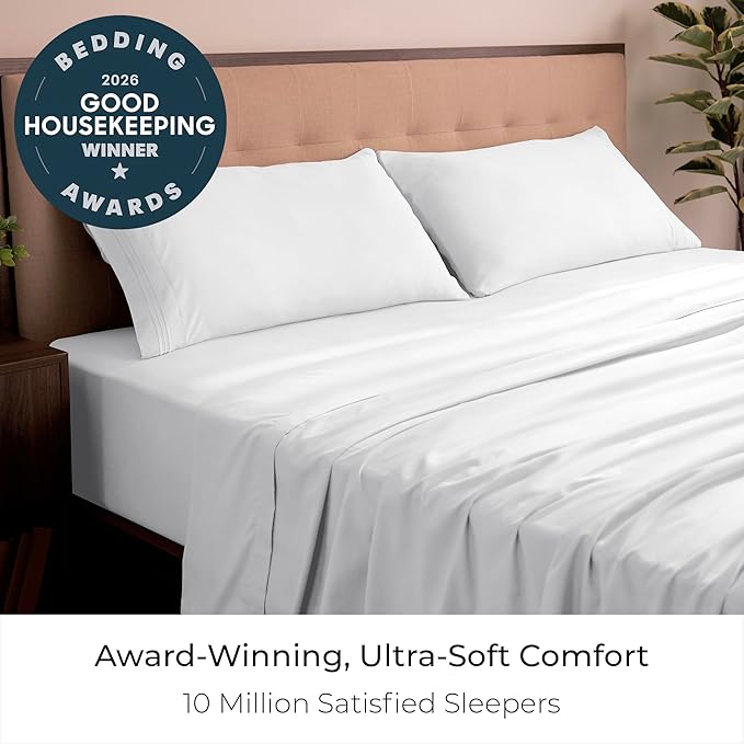 Mellanni Iconic 4-Piece, Ultra Soft Sheet Set (King, White) | 10M+ Sleepers. Lab-tested: Sleeps Cool, Stays Bright, Strong, Smooth. Good Housekeeping Best Bedding, 7 yrs running.