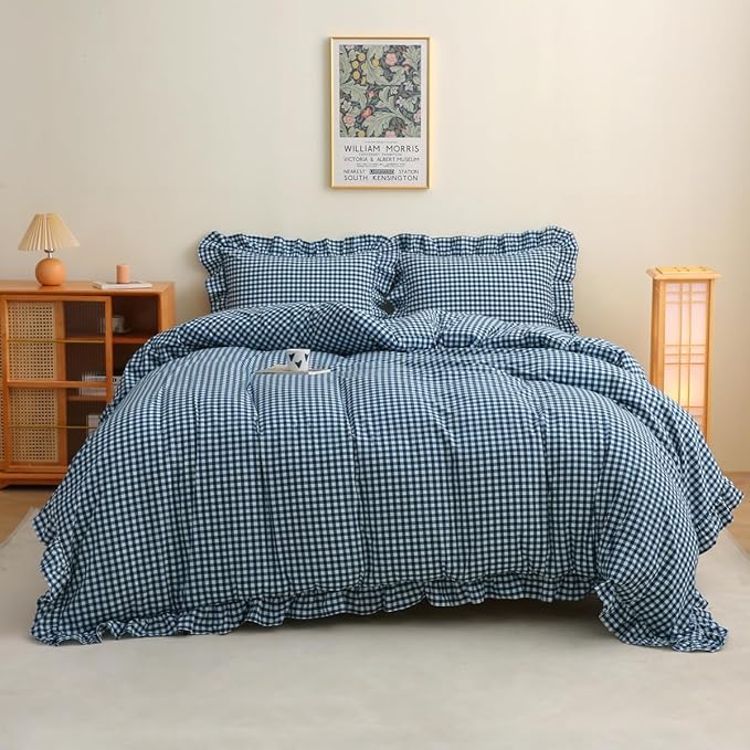 Silnuo Navy Blue/White Gingham Ruffle 3-Piece Duvet Cover Set Full Size | 100% Washed Cotton Shabby Plaid Checkered Bedding Set Vintage Comforter Cover Set