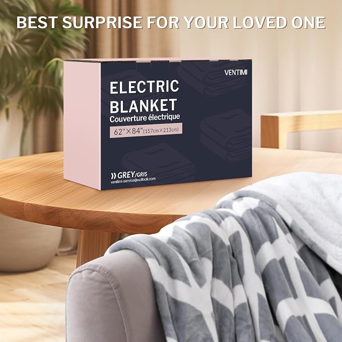 VENTIMI Heated Blanket Twin, 9 Heat Levels & 2-10 Hours Auto Off, Grey | ETL & FCC, Fast Warming, 62" × 84", Flannel and Sherpa, Couch Bed Use, Machine Washable, Removable Controller