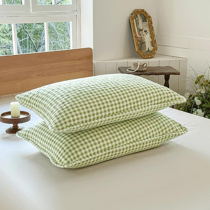 NSNLGSGC Sage Green Gingham Queen Summer Bedspread Quilt Set | Pre-washed Microfiber,Lightweight Checked Grid Bedding Coverlets for All Seasons