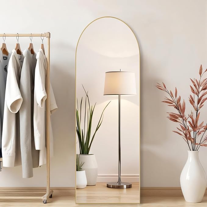 16"x59" Arched Mirror Full Length, Upgraded Body Wall Mirrors | Shatter-Proof Glass, Floor Standing, Hanging or Leaning, Tall Arch Mirror with Stand Aluminum Alloy Frame for Bedroom, Gold