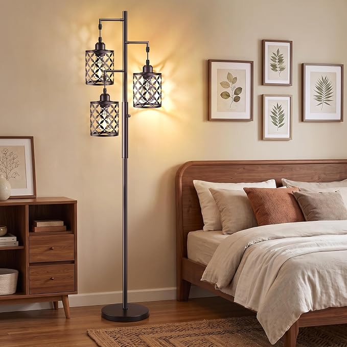 68" Industrial Tree Floor Lamp, Dimmable Farmhouse Tall Stand Light with Metal Cages & Rotary Dimmer Knob, Corner Decor Lighting for Living Room Bedroom Cafe, 3 x 800LM Bulbs Included-Brown