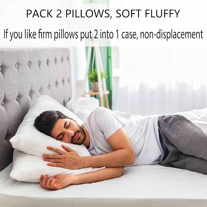 Acteb Ultra Thin Flat Soft Bed Pillows Queen Size Set of 2 Pack for Sleeping 20"x30", Hypoallergenic Skin Friendly Machine Washable