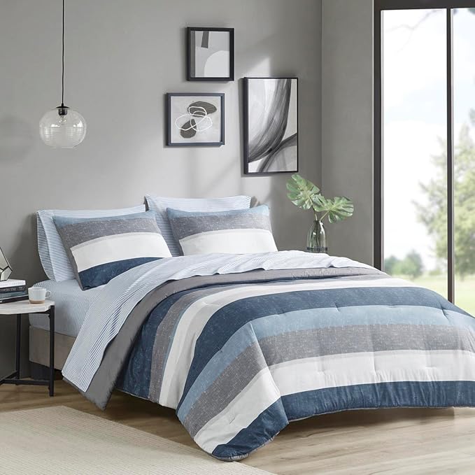 Madison Park Essentials Jaxon Full Size Comforter Set, Bed in A Bag Comforter & Sheet Set, Modern Casual Stripes Print, All Seasons, Soft Microfiber Bedding Makeover, Sham, Full, Blue/Grey 7 Piece