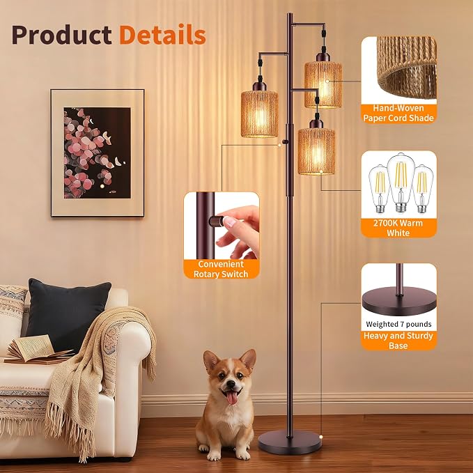 Hotsonic 72" Boho Rattan Tree Floor Lamp, Tall Dimmable Industrial Standing Lamp, Corner Decor Accent Lighting for Living Room, Bedroom, Dining Room, Nursery, Cafe (3 x 800LM Bulbs Included) - Brown